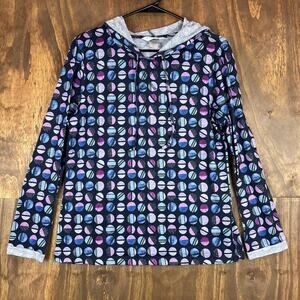 Christopher & Banks Womens Sweater Blue Purple Circle Pattern Hooded PM